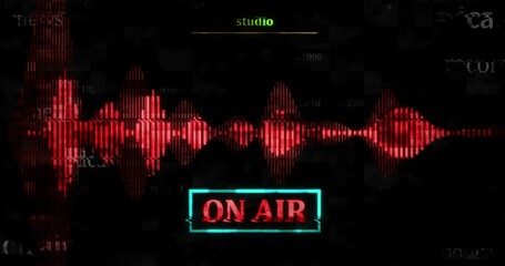 On air studio live record with audio spectrum symbol technology loop concept. Abstract sign on glitch screens seamless and looped.