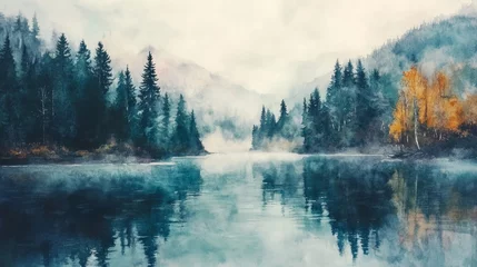 Papier peint photo intissé A serene watercolor painting of a river winding through lush trees, capturing a peaceful landscape.  