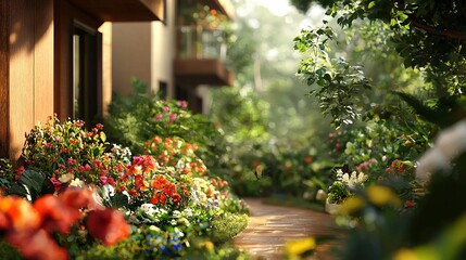   A garden brimming with vibrant blossoms beside a towering edifice, lush with verdant foliage