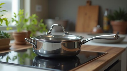 Cooking pot rests on a sleek induction cooktop in a modern kitchen with warm lighting