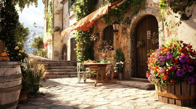 Fototapeta   A patio with potted plants and a table with a vase of flowers adorns the side of the building, along with stairs leading up