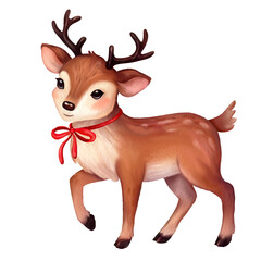 Cute deer, reindeer with red bow. Merry Christmas and happy new year greeting card. watercolor illustration. Hand drawn