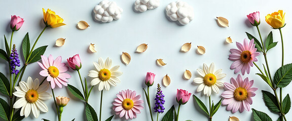 Obraz premium A bouquet of flowers with a white background. The flowers are of different colors and sizes, and there are some leaves scattered around. Scene is cheerful and vibrant, as the flowers are full