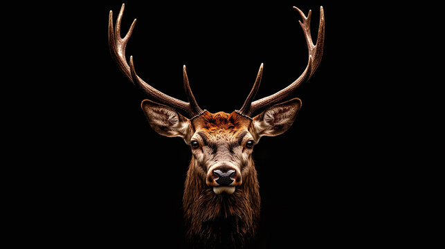 Majestic deer face head front view isolated portrait, a beautiful brown buck with large antlers looking at camera, wild beauty and gaze of this majestic creature.