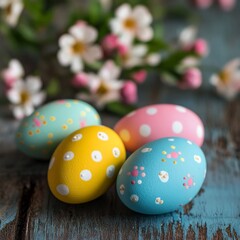 Easter symbols in vibrant hues adorn a wooden backdrop.