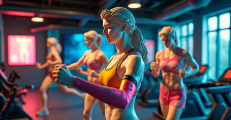 Obraz premium Greek-style female statues running on treadmills in a modern gym, combining classical art with contemporary fitness themes and vibrant lighting.