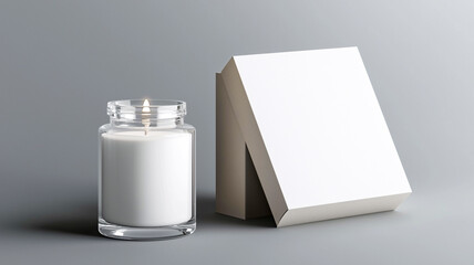 Candle jar mockup next to packaging box for branding and marketing