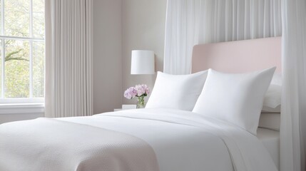 A bed with a white canopy and white pillows