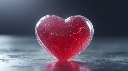 Fototapeta premium Red Glittery Heart Shaped Candy Rests On Dark Surface