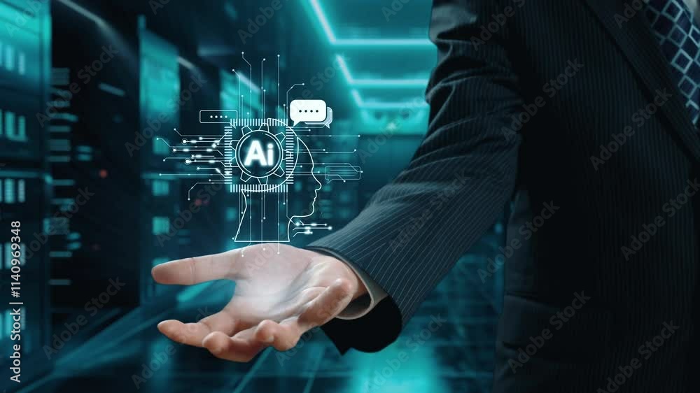 Poster human interact with ai artificial intelligence brain processor in concept of ai artificial intellige