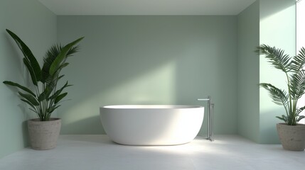 A white bathtub sits in a room with a green wall and two potted plants