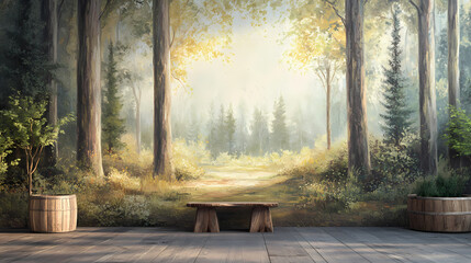 Scenic woodland wallpaper creation: arboreal shapes, artistic landscape, textured paint design, mural masterpiece. mural. illustration. Arboreal. Illustration