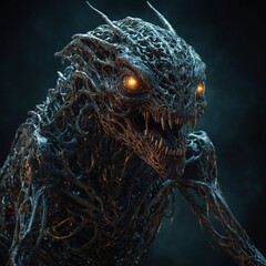 A grotesque alien-like digital pet, its twisted limbs and jagged teeth exude an aura of dark mystery and foreboding. The subject of the artwork is a digital rendering of a surreal creature that appear