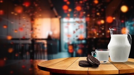 Cozy christmas glass of milk and sweet cookies on desk