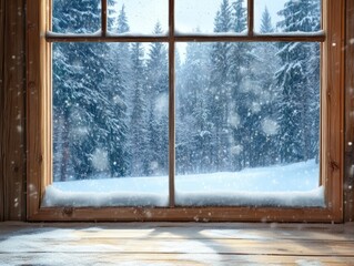 Naklejka premium Snowy winter scene viewed through a wooden window