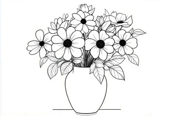 A black and white drawing of a vase of flowers © stanhert