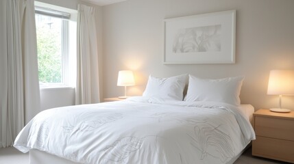 A large white bed with a white comforter and white pillows