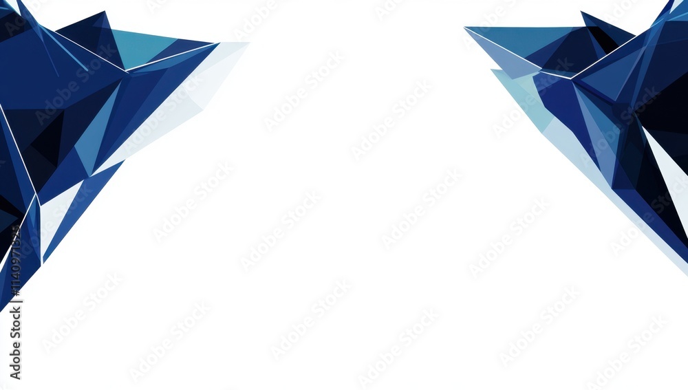 Poster a blue vector graphic featuring two large, angular triangles on the left and right side of an empty 