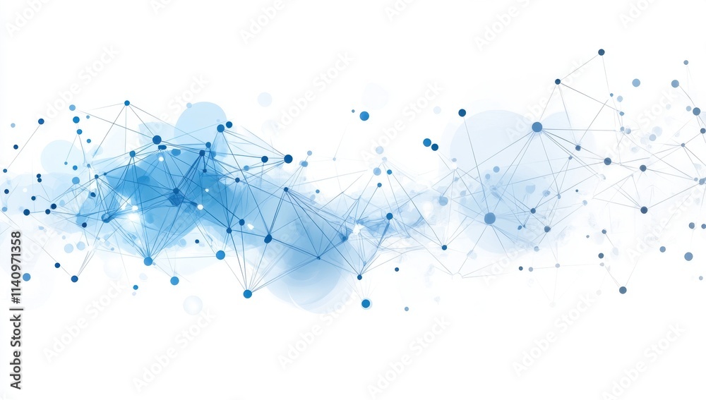 Poster blue and white geometric shapes on the left side of an empty background, representing technology inn