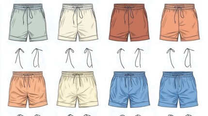Detailed renderings of comfortable and trendy men's shorts styles.