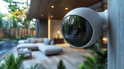 Smart home system demonstration with security camera and outdoor lounge area during daylight