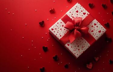 Fototapeta premium Gift box adorned with red hearts set against a vibrant red background for a romantic occasion