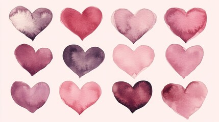 Obraz premium Twelve Watercolor Hearts in Shades of Pink and Purple