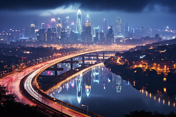 harmonious interplay between bustling cityscape, illuminated by vibrant glow of city lights, and...