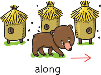 Preposition of movement. Bear goes ALONG the beehives