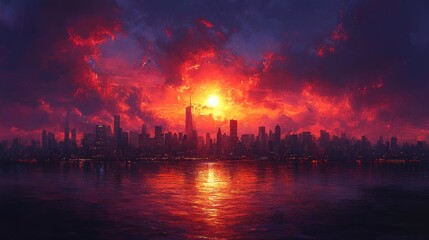Fototapeta premium Fiery sunset over city skyline, water reflects.