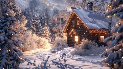Christmas cabin, warm lights, snowcovered roof, peaceful setting