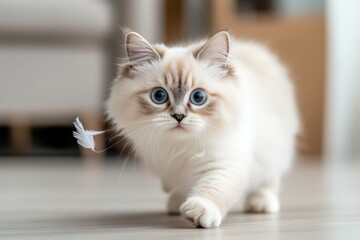 luxurious pet photography, playful persian cat chasing feather toy on elegant wooden floor amidst luxurious decor space for text
