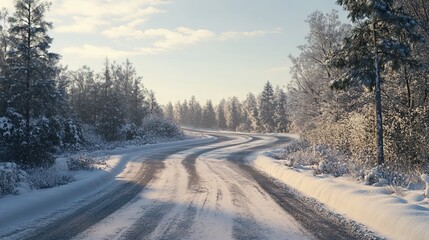 Fototapeta premium Winter snowy road along the forest 