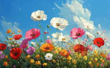 Obraz premium Vibrant poppy field under a blue sky filled with fluffy clouds during a sunny day