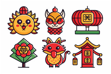 Chinese New Year icons with traditional symbols and colors