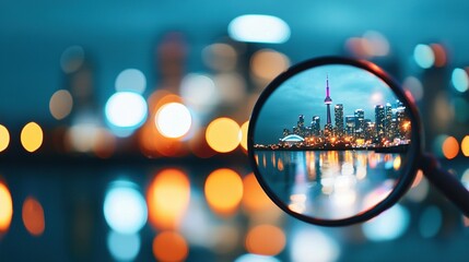 Fototapeta premium Close-up of a magnifying glass against a blurry cityscape and bright lights in the foreground