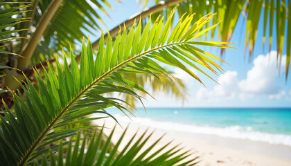 Fototapeta premium Palm leaves with beach and blue sky in background.