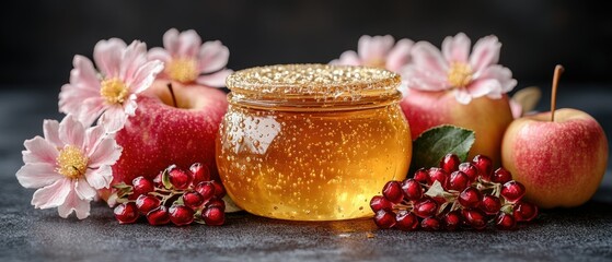 A jar of honey surrounded by apples, berries, and flowers, showcasing natural sweetness.