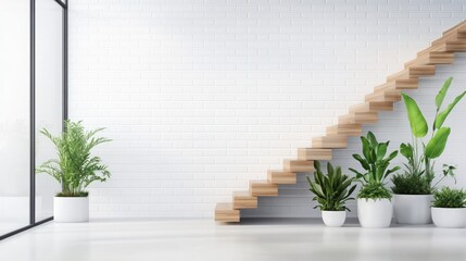 Modern Minimalist Interior Design: Wooden Staircase and Greenery Against a White Brick Wall