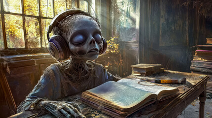 The image shows chaotic headphones with a haunting vibe.