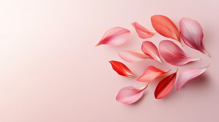 Fototapeta premium Pink background with red petals and space for text or logo on left side