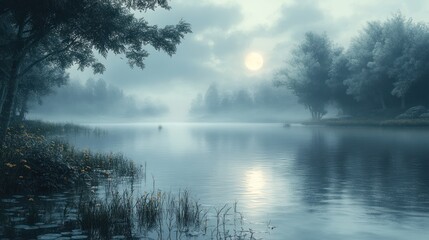 Fototapeta premium Misty lake, moonlit trees, tranquil scene.