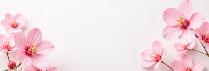 Fototapeta premium Pearl white background and add soft pastel pink Japanese flowers in the corners gift card with space for text