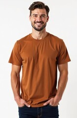 Obraz premium man stands on the left in a color mocha T-shirt, on a white background