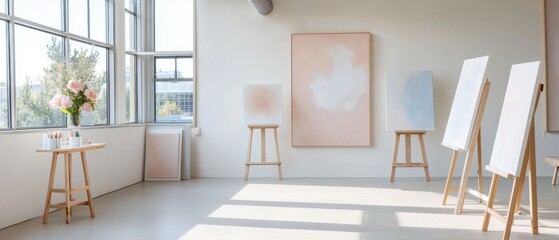 Fototapeta premium Empty room with large windows that offer a view of the city. the room has white walls and wooden flooring. on the left side of the room, there is a wooden easel with a vase of pink flowers on top.