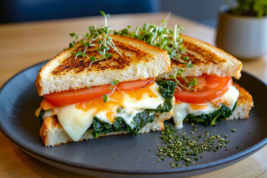 A grilled cheese sandwich with tomatoes and spinach on a plate - Powered by Adobe