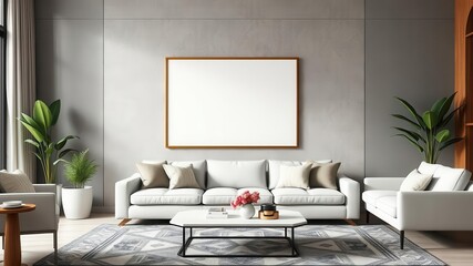 Modern living room with a mockup of stylish wall art showcasing a home preview, interior design, decoration