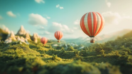 Fototapeta premium Three hot air balloons are flying over a grassy field. The balloons are red and white. The sky is blue and there are clouds in the background