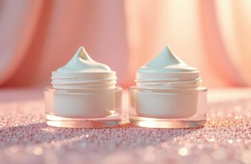 white pearlescent cream jars on shiny glitter on pastel background, no inscriptions beauty industry, beauty flat lay