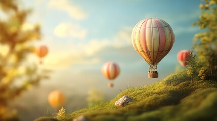 Fototapeta premium A hot air balloon is floating in the sky above a grassy hill. There are several other hot air balloons in the background